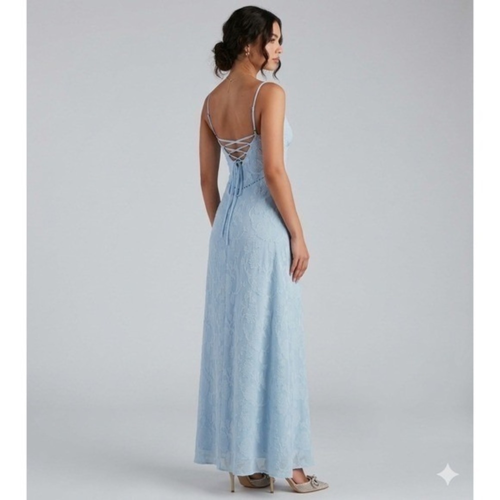 Princess Polly Light Blue Floral Jacquard Maxi Dress Lace Up Back US 12